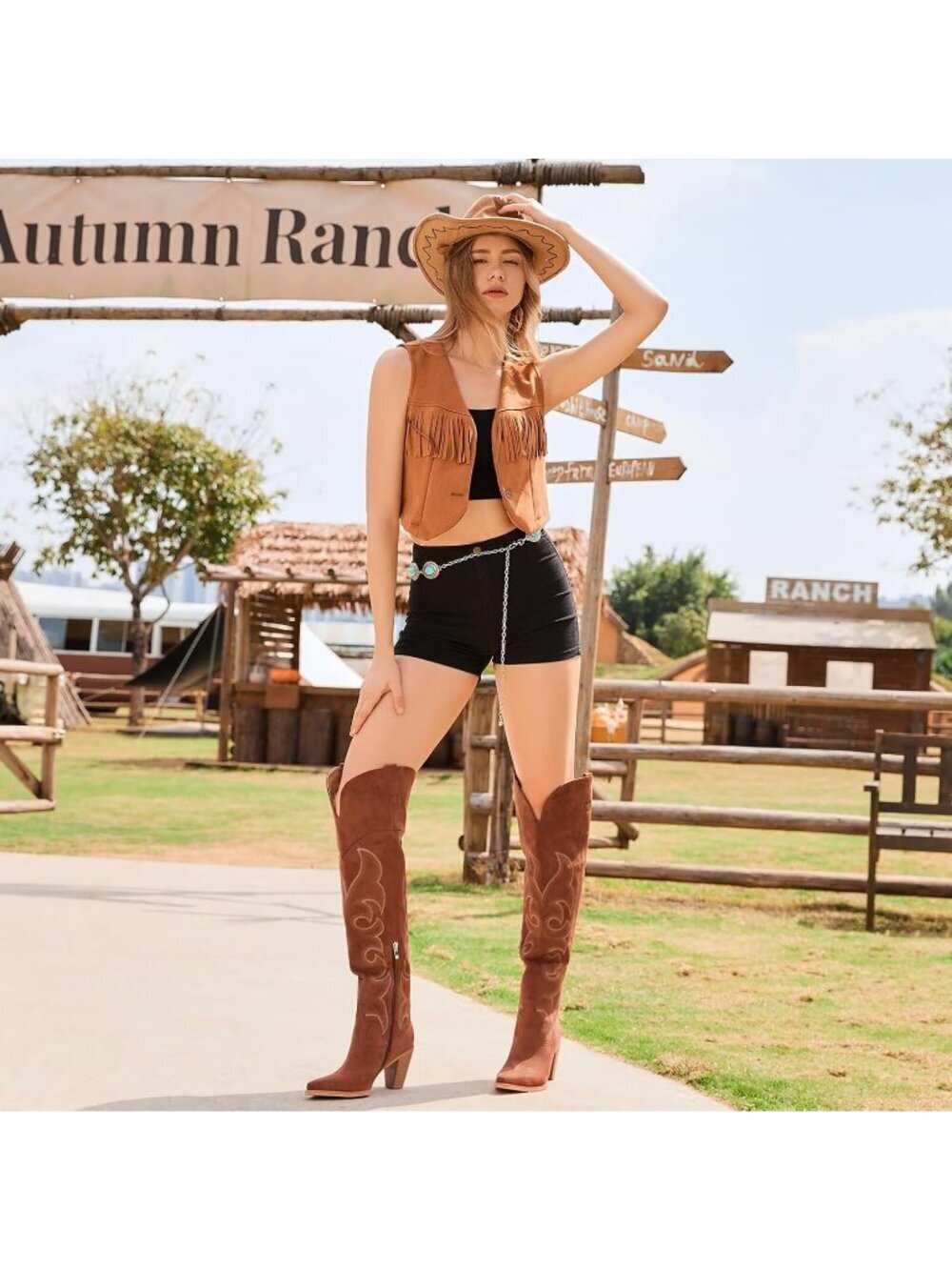 Women's Over Knee Reddish Western Boot with Pull On Tab Chunky Heel Cowgirl Boot - Picture 3 of 6